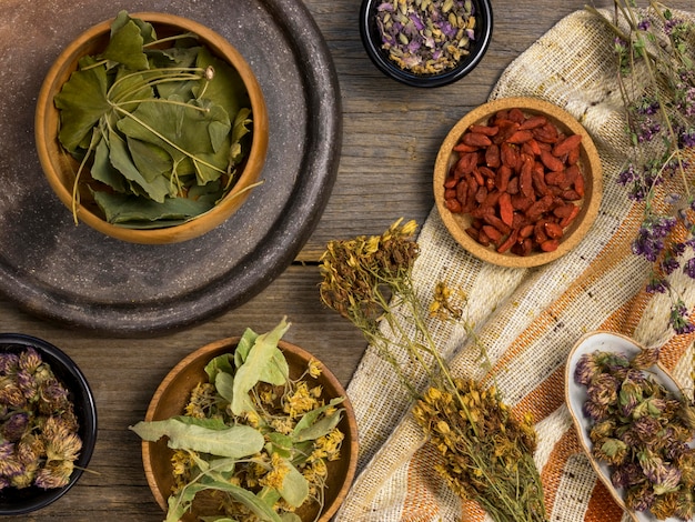 Free photo flat lay of natural medicinal spices and herbs