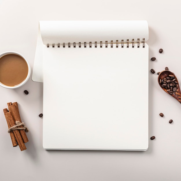 Flat lay of notebook with coffee cup and cinnamon sticks