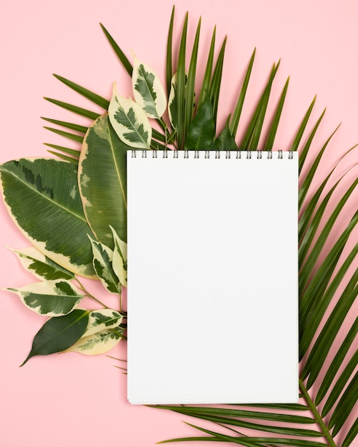 Flat lay of notebook with plant leaves