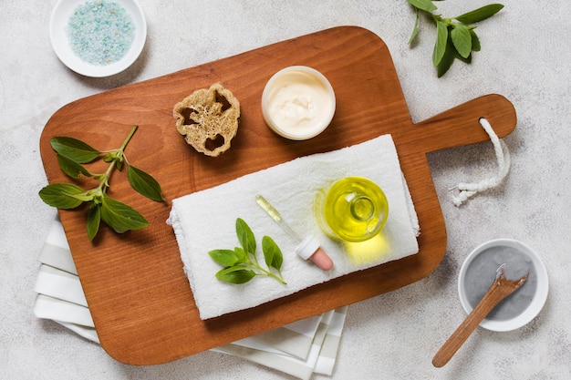 Flat lay oil and facial mask made from plants