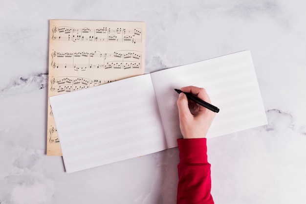 Free photo flat lay of open book for music notes