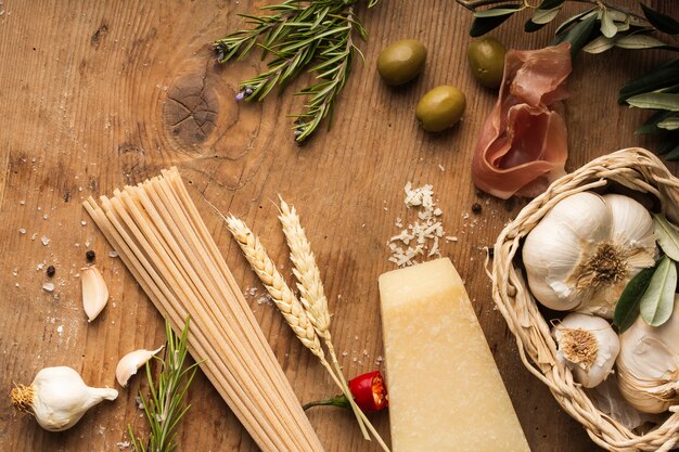 Flat lay pasta ingredients on table