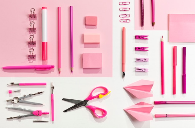 Flat lay pink items arrangement