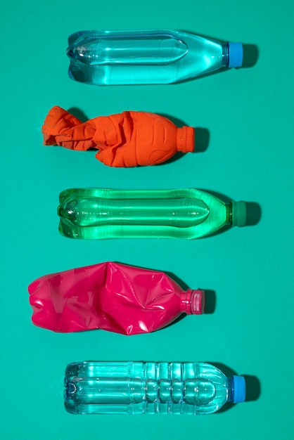 Flat lay plastic bottles arrangement