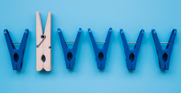 Flat lay plastic clothespins and a wooden one