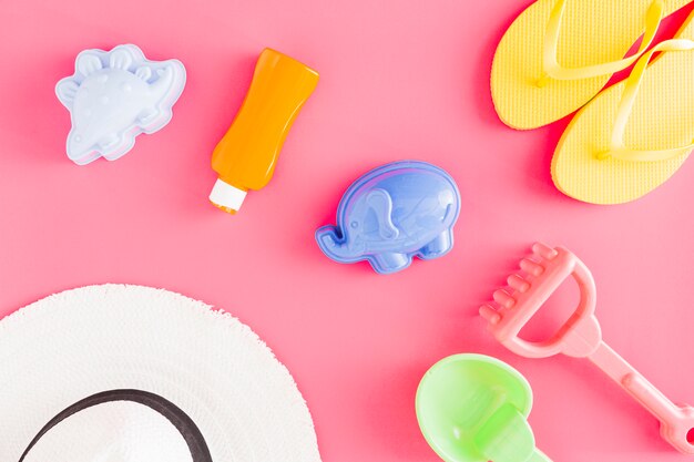 Flat lay of plastic toys and accessories