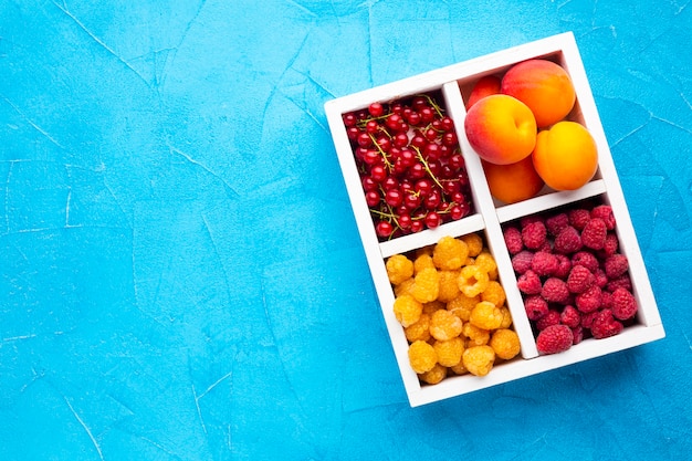 Free photo flat-lay plate of fresh berries and fruits with copyspace