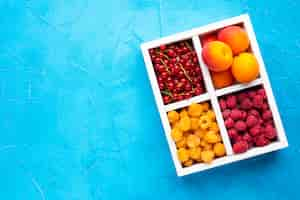 Free photo flat-lay plate of fresh berries and fruits with copyspace