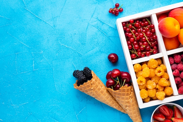 Free Photo flat-lay plate of fresh berries and fruits with copyspace