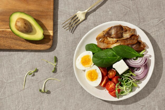 Flat lay of plate with keto diet food and avocado