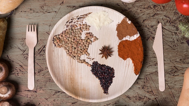 Free Photo flat lay plate with world map and beans