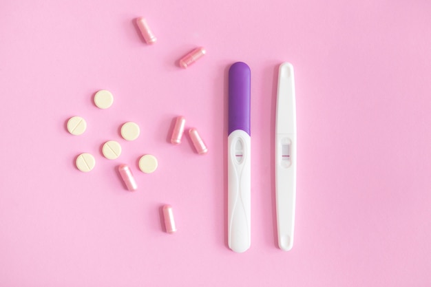 Flat lay pregnancy tests and medicine