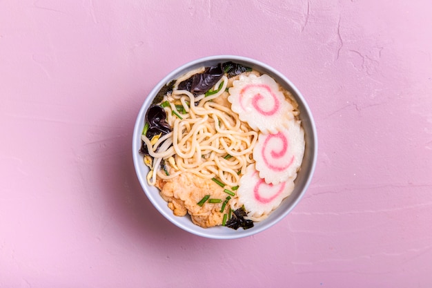 Flat lay ramen soup in bowl