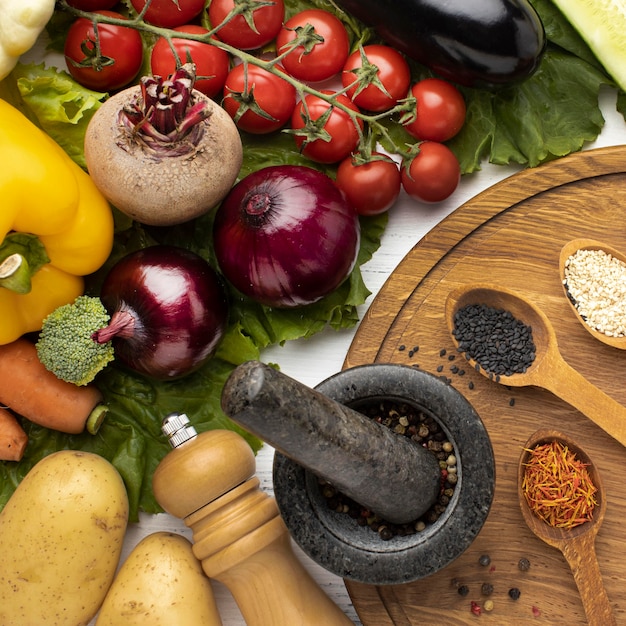 Flat lay raw vegetables composition