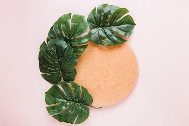 Free photo flat lay of round paper on leaves