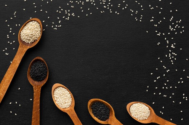 Flat lay seeds frame with spoons