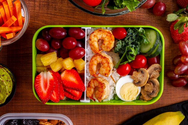 Flat lay shrimps and vegetables arrangement