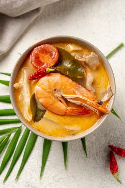 Flat lay soup in bowl with shrimp