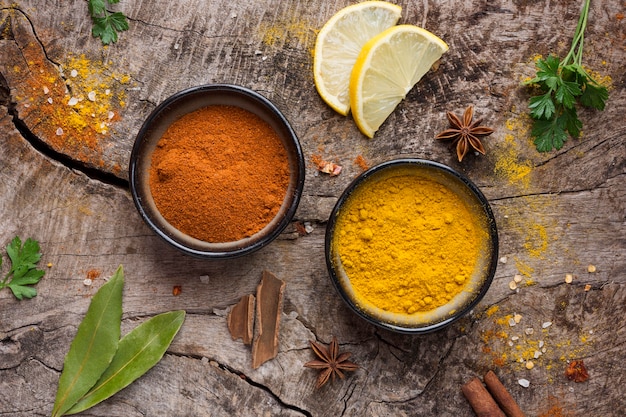 Flat lay spices and lemon slices