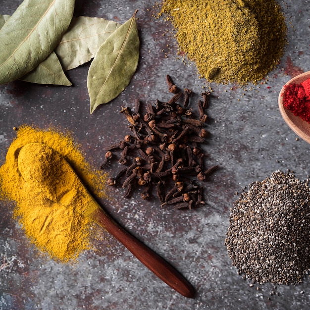 Flat lay spices on stucco background