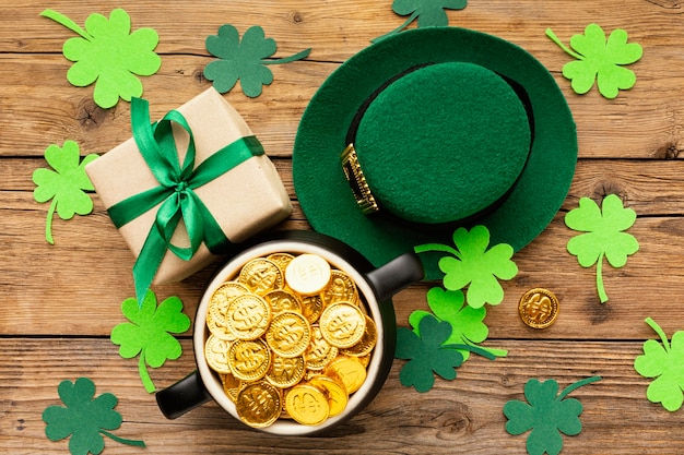 Flat lay st patrick items on wooden table