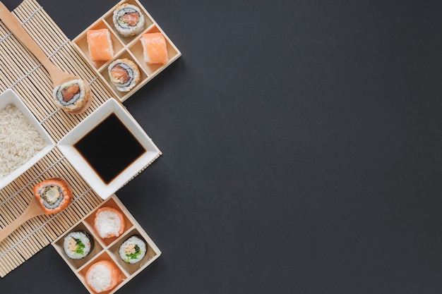 Flat lay sushi composition with copyspace