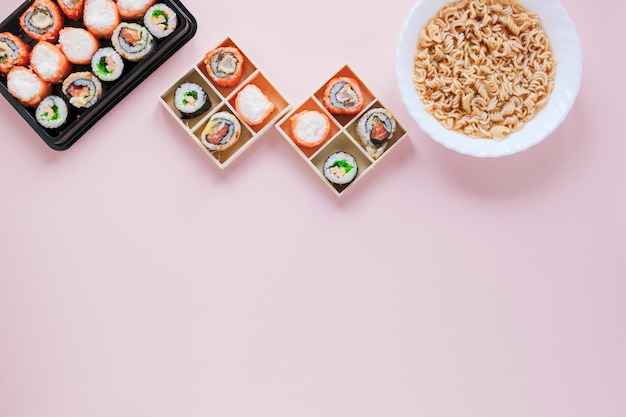 Flat lay sushi composition with copyspace