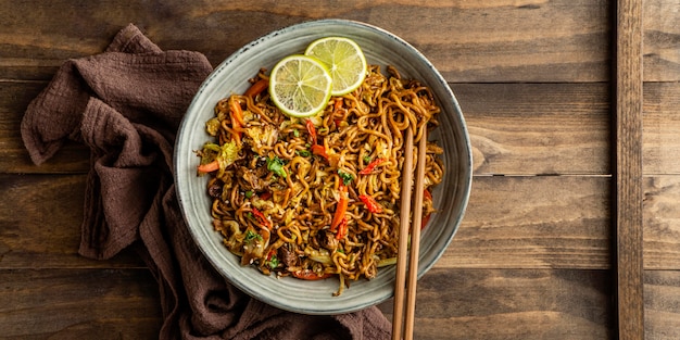 Free photo flat lay tasty composition of noodles on a table