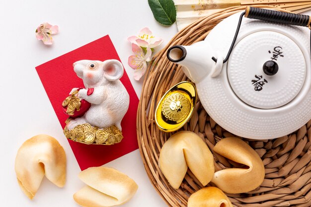 Flat lay of teapot and rat figurine chinese new year