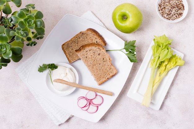 Flat lay of toast on plate with radish and apple