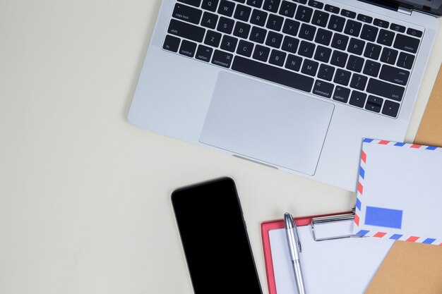 Flat lay, top view office table desk. Workspace background