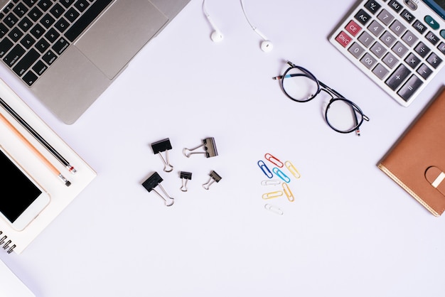 Flat lay, top view office table desk. Workspace background