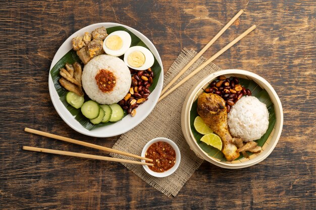 Flat lay traditional nasi lemak meal assortment