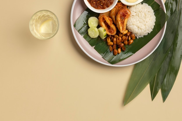 Flat lay traditional nasi lemak meal composition