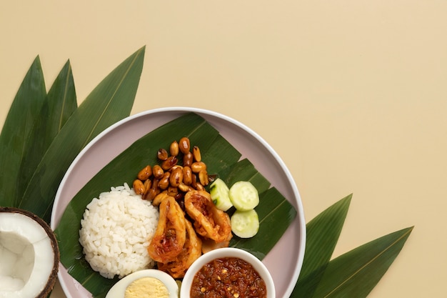 Free photo flat lay traditional nasi lemak meal composition