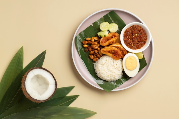 Free photo flat lay traditional nasi lemak meal composition