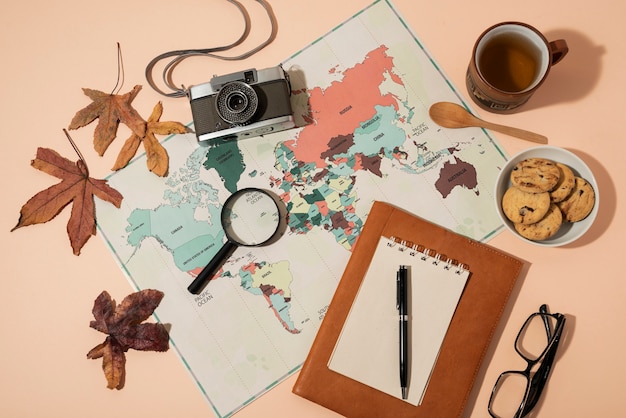 Free photo flat lay of traveling elements collection