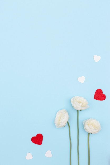 Free photo flat lay of valentines day flowers with copy space and hearts