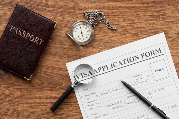 Flat lay visa application assortment