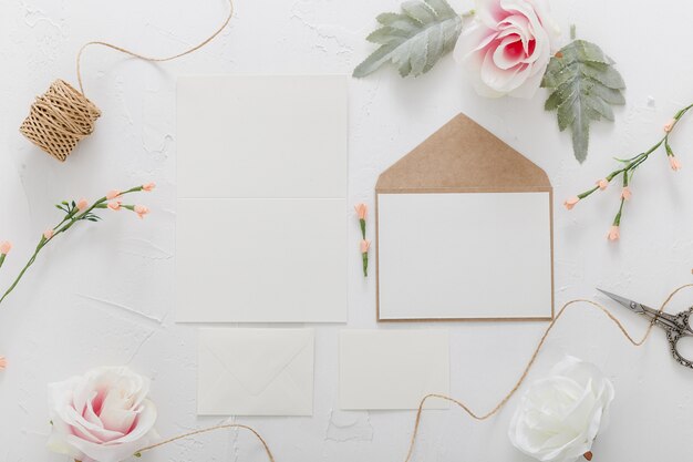 Flat lay of wedding invitation with copy space