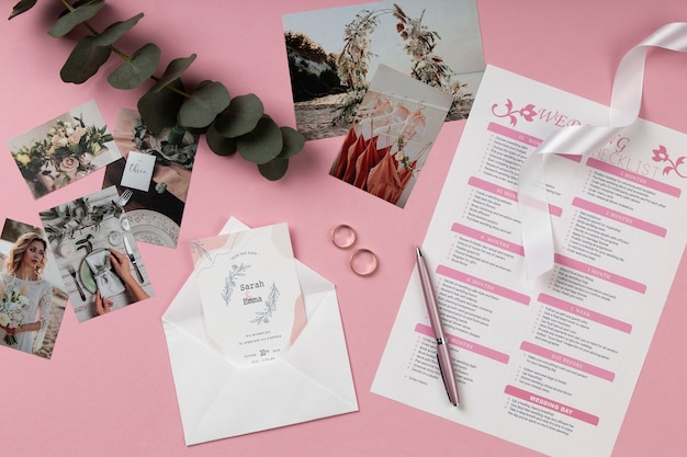 Free photo flat lay wedding planner resources arrangement