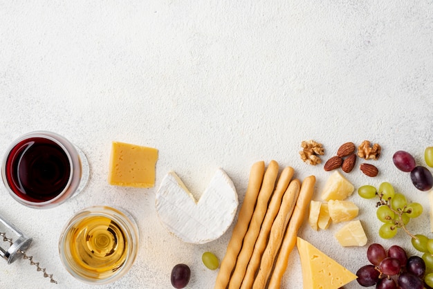 Flat lay wine and cheese for tasting with copy-space