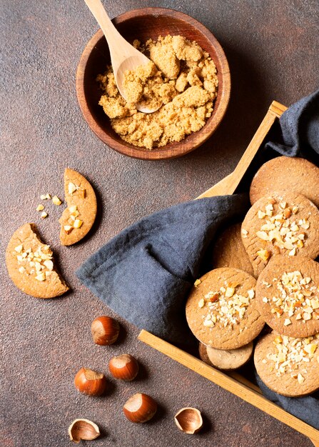 Flat lay winter cookies dessert in a basket