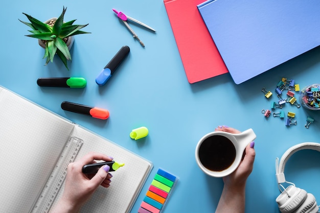 Flat lay with stationery items pupil and student workplace concept