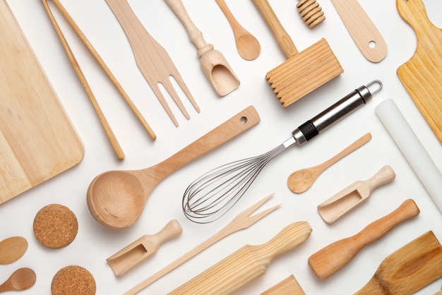 Flat lay wooden kitchen tools