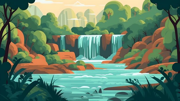 flat vector FOREST stream waterfall illustration