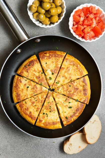 Flat view of delicious spanish tortilla dish