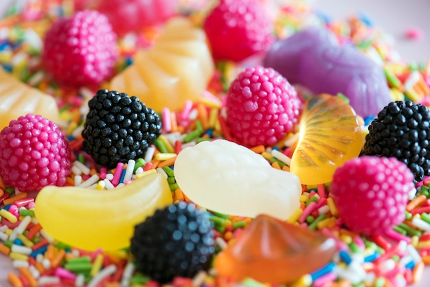 Free Photo flatlay of assorted jelly fruits and sprinkles textured background