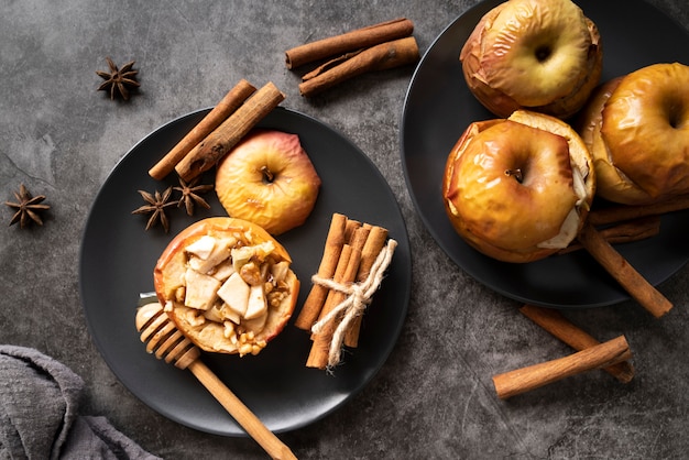 Flay lay arrangement with baked apples on plates