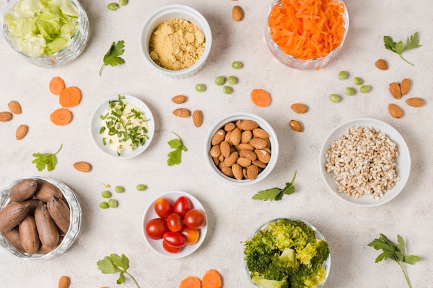 Flay lay of assortment of healthy food in bowl